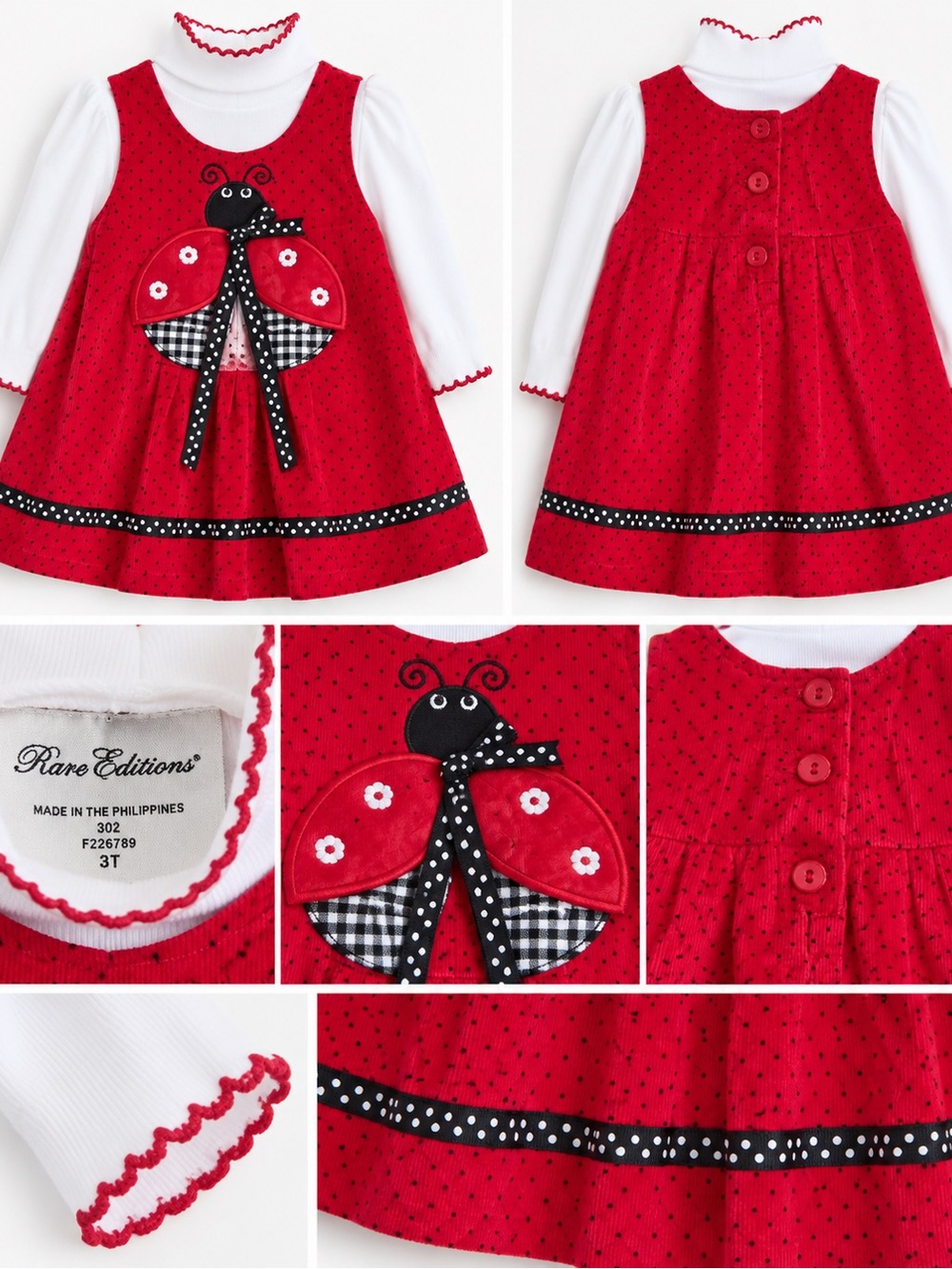 Rare Editions Red & Black Ladybug Pinafore Dress with White Turtleneck